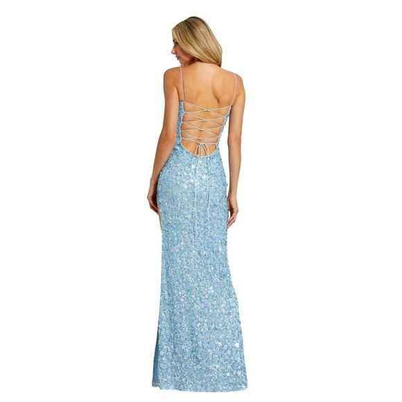 Mac Duggal Embellished Sweetheart Gown Dress Slit Lace Up Ice Blue Size M NWT - Picture 3 of 13
